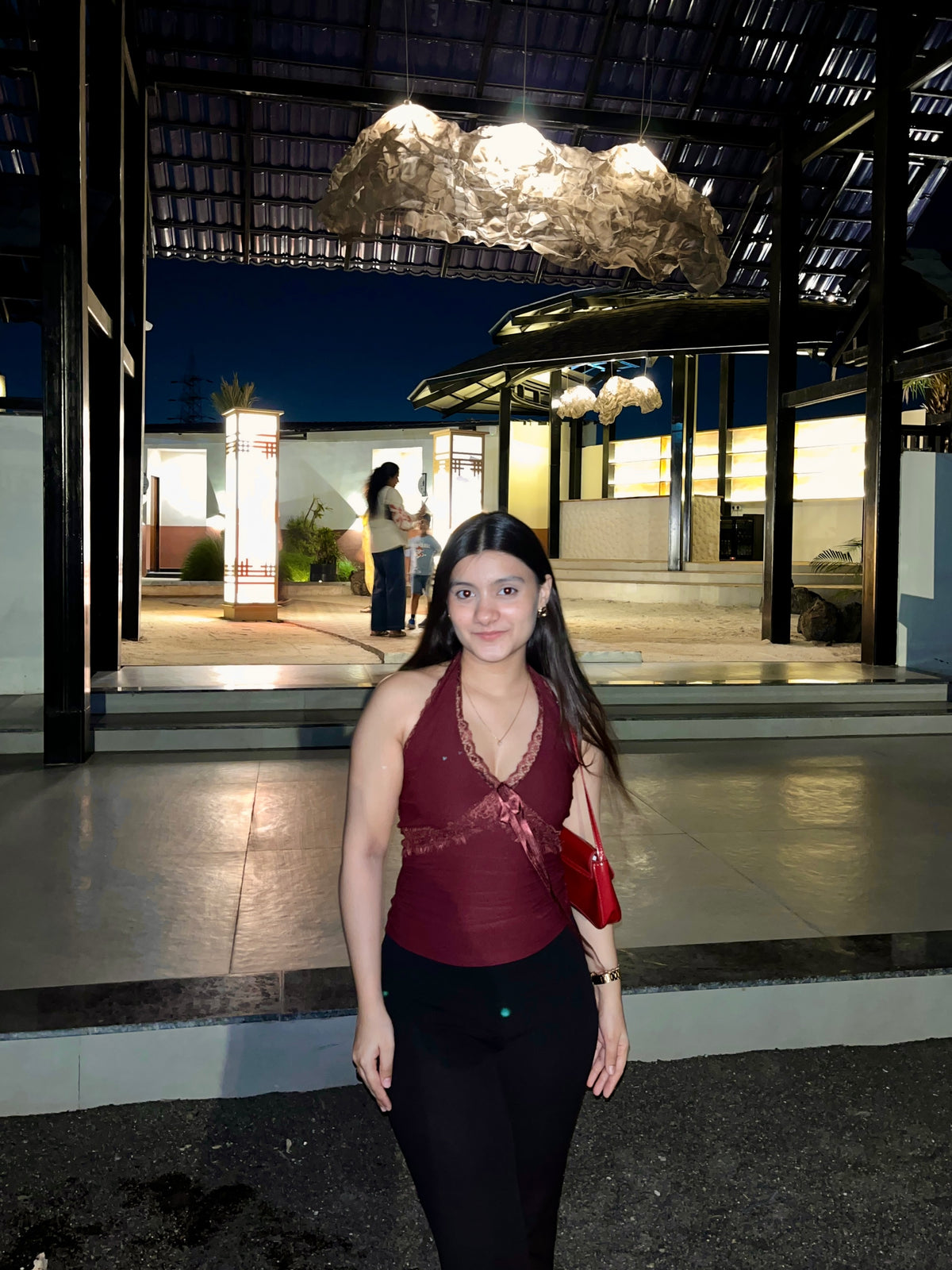 Customer photo 2 of Halter Neck Slim Fit Straight Hem Contrast Lace Backless Sleeveless Top in Maroon