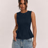 Front Zipper Round Neck Sleeveless Peplum Top in Navy Blue