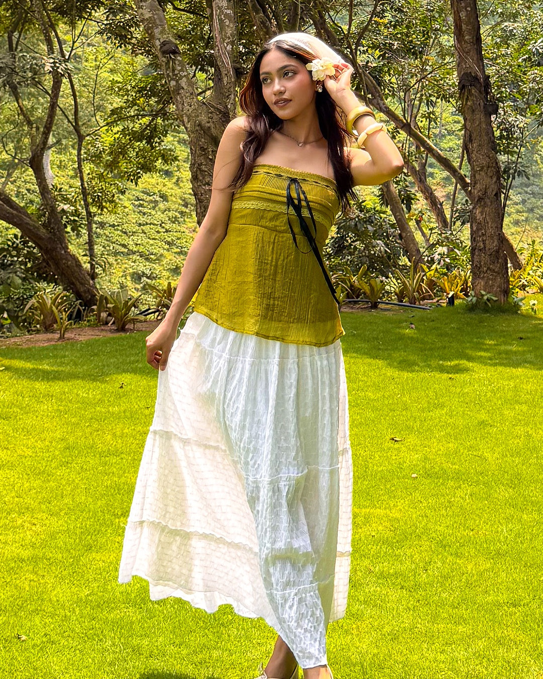 Strapless Lace Ribbon Bow Top in Pista Green- Littlebox India