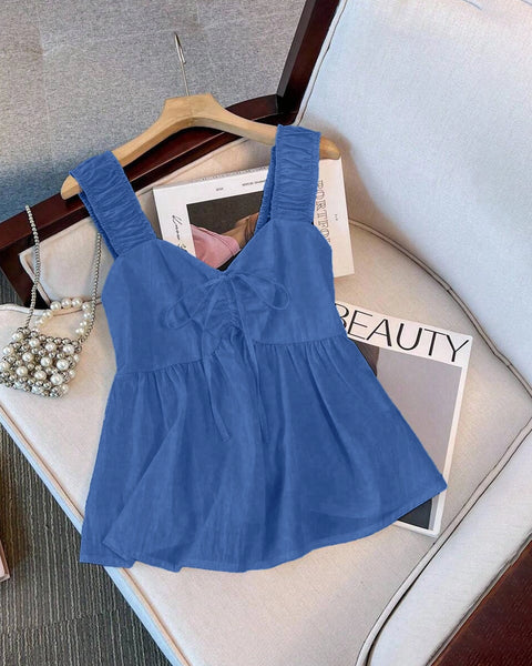 Front Tie Bow Loose Sleeveless Top in Navy Blue