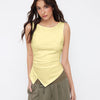 Boat Neck Ruched Asymmetrical Sleeveless Top in Vanilla Yellow