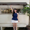 Halter Neck Fitted Flared Hem Solid Sleeveless Top in Navy Blue