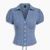 Checked Collared Button Short Sleeve Top