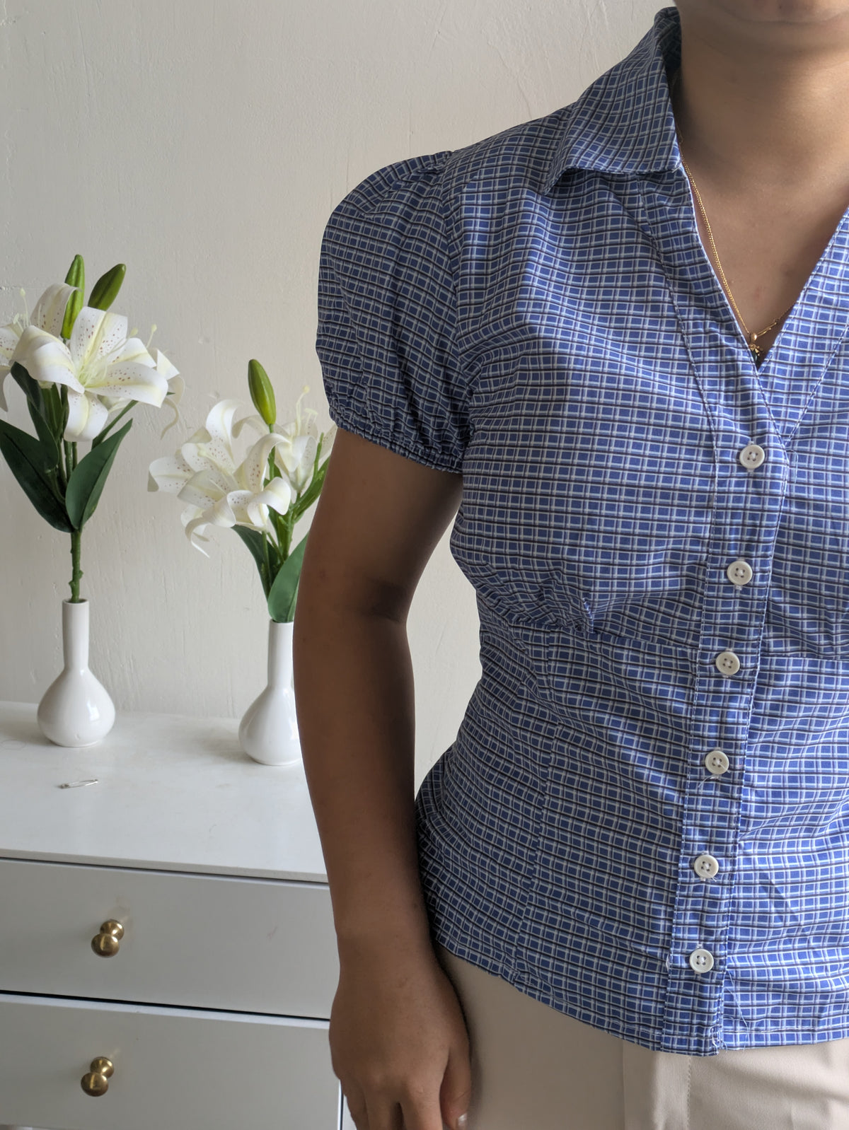 Customer photo 23 of Checked Collared Button Short Sleeve Top