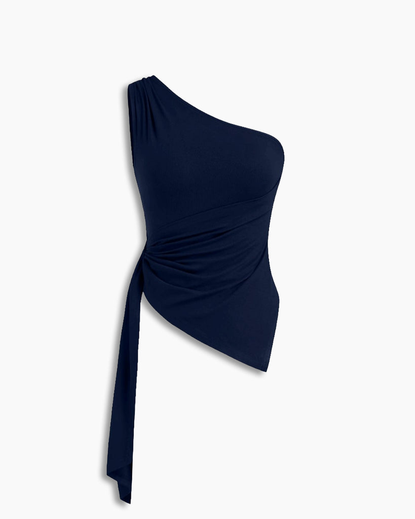 Asymmetrical Neck Ruched Tank Top in Blue- Littlebox India
