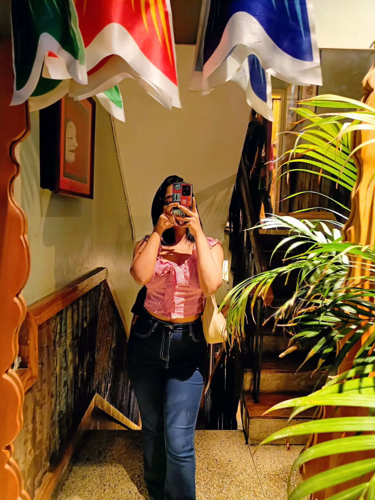 Customer photo 2 of Checkered Front Frill Trim Bowknot Short Sleeve Top in Red