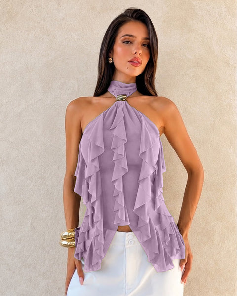 Halter Neck  Asymmetric Ruffle Hem Solid Sleeveless Top in Lilac