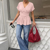 V-Neck Short Sleeve Peplum Top in Baby Pink