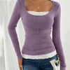 Round Neck Slim Fit Straight Hem Solid Ribbed Long Sleeve Top in Lilac