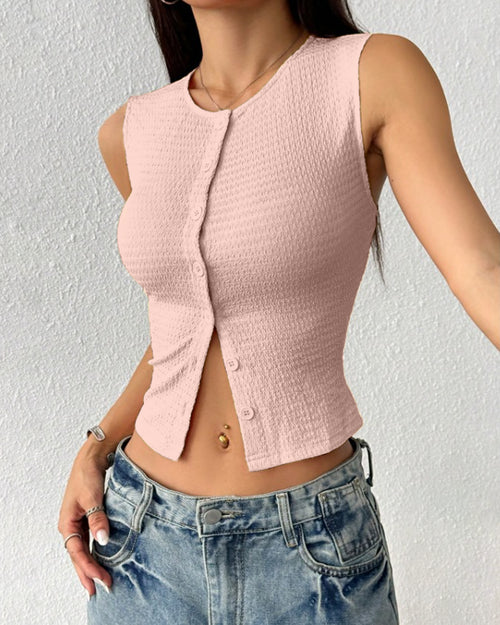 Sleeveless Textured Button Front Crop Top In Baby Pink