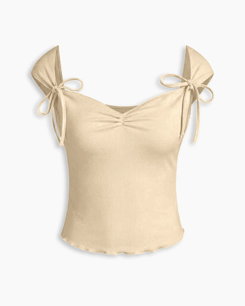 Ruched Lettuce Trim Bowknot Crop Cami Top In Apricot