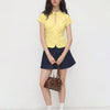 Casual Tie Neck Short Sleeve Fitted Top in Pastel Yellow