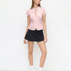 Casual Tie Neck Short Sleeve Fitted Top in Baby Pink