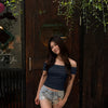 Half Sleeve Ruched Fitted Top in Dark Navy Blue