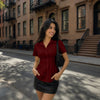Collared Neck Smocked Waist Half Sleeve Top in Burgundy