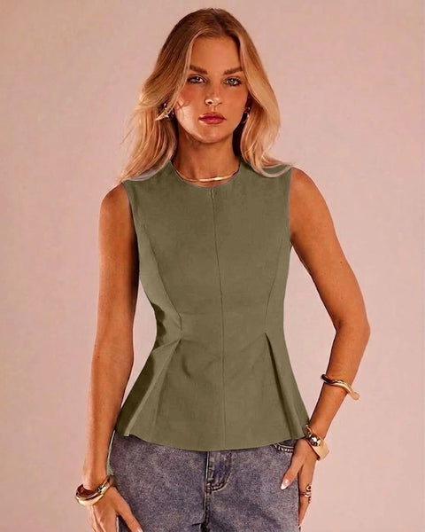 Front Zipper Round Neck Sleeveless Peplum Top