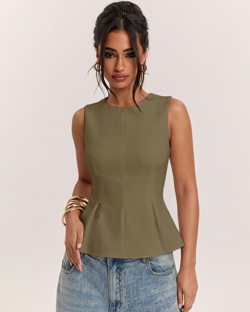 Front Zipper Round Neck Sleeveless Peplum Top