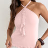 Halter Neck Ruffle Front Sleeveless Top in Baby Pink