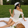 Asymmetrical Neck Polka Dot Ruched Knotted Top in Classic White