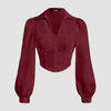 Puff Sleeve Collared Button Down Shirt in Cherry Maroon