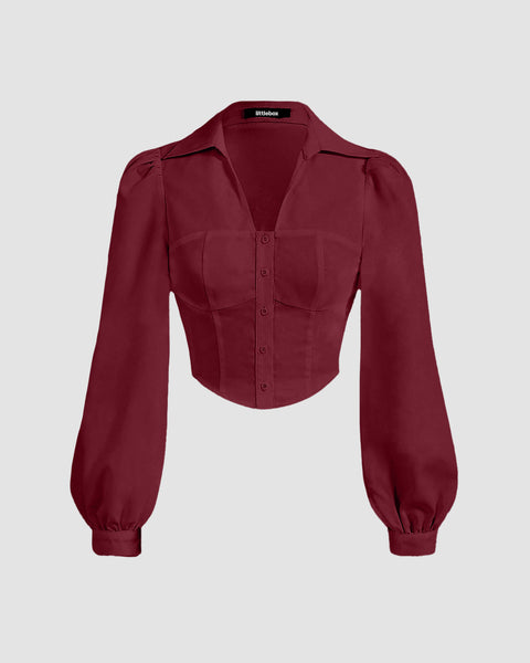 Puff Sleeve Collared Button Down Shirt in Cherry Maroon