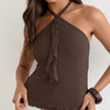 Halter Neck Ruffle Front Sleeveless Top in Cocoa Brown