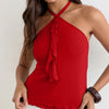 Halter Neck Ruffle Front Sleeveless Top in Red
