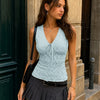 Checkered Smocked Waist V Neck Sleeveless Top in Blue