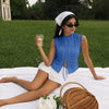 Mock Neck Sleeveless Eyelet Lace Trim Top in Sapphire Navy Blue