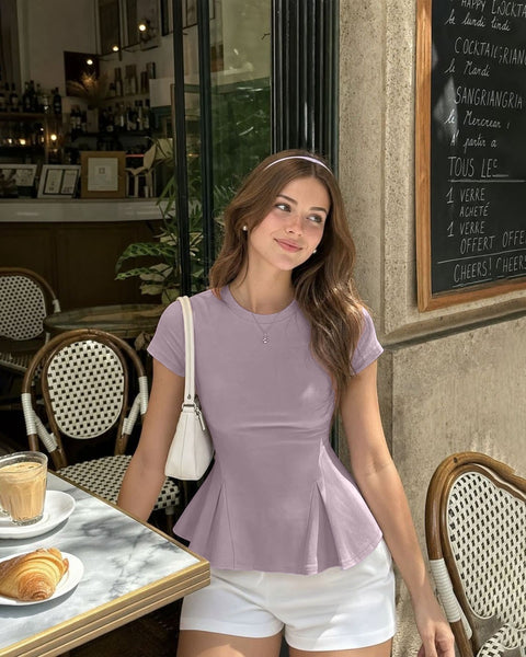 Round Neck Peplum Half Sleeve Top in Lilac