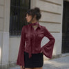 Satin Polo Ruched Button Front Flared Sleeve Top in Burgundy