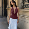 Bowknot Strap Satin Cami Top with Halter Neck in Wine Maroon