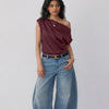 One Shoulder Draped Satin Top in Wine Maroon