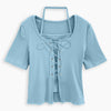 Tie Front Scoop Neck Ribbed Top in Baby Blue