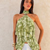 Halter Neck Asymmetric Ruffle Hem Top in Olive Green