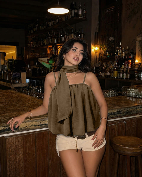 Ruched Bubble Hem Cami Top in Cocoa Brown