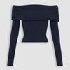 Off Shoulder Ruched Long Sleeve Fitted Top in Dark Navy Blue