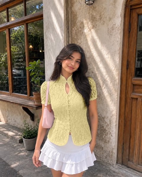 Mandarin Collar Lace Button Front Top in Vanilla