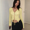 Lace Trim Ruffle Hem Tie Front Bell Sleeve Top in Vanilla