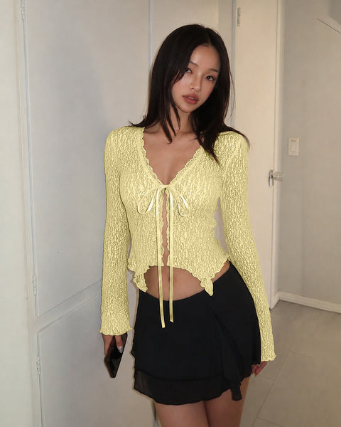 Lace Trim Ruffle Hem Tie Front Bell Sleeve Top in Vanilla