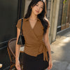 Collared Wrap Tie Top in Rust Brown