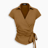 Collared Wrap Tie Top in Rust Brown