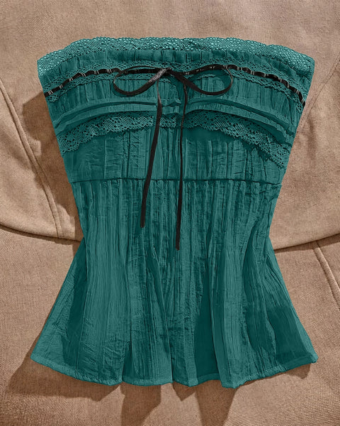 Strapless Lace Ribbon Bow Top in Teal Green