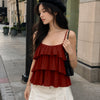 Pleated Layered Ruffle Suspender Top in Bright Red
