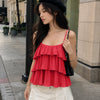 Pleated Layered Ruffle Suspender Top in Bright Red