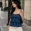 Pleated Layered Ruffle Suspender Top in Pageant Blue