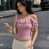 Asymmetrical Ruffle Detail Ruched Cami Top in Dusty Pink