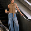 Mock Neck Button Front Tie Detail Top in Mocha Brown