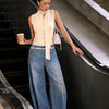 Mock Neck Button Front Tie Detail Top in Cream