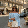 Off Shoulder Ruffle Trim Tie Front Peplum Top in Herbal Green